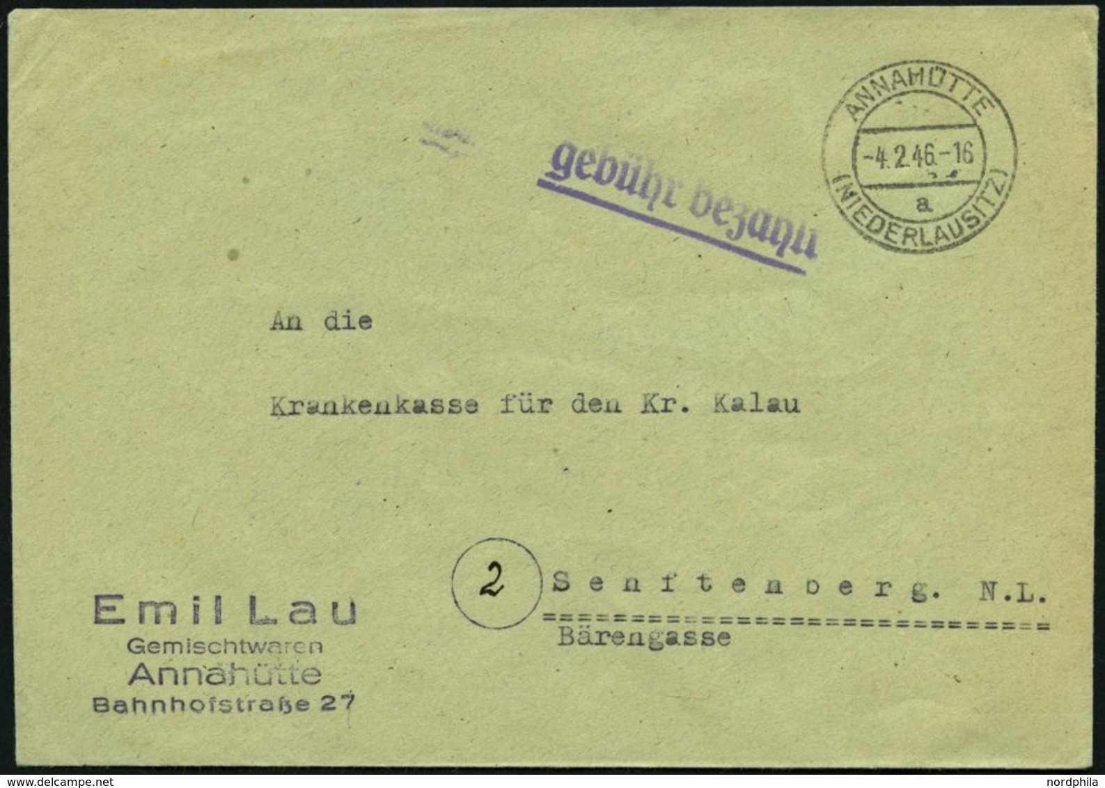 ALL. BES. GEBÜHR BEZAHLT ANNAHÜTTE (NIEDERLAUSITZ), 4.2.46, Violetter Unterstrichenener L1 Gebühr Bezahlt, Prachtbrief - Other & Unclassified