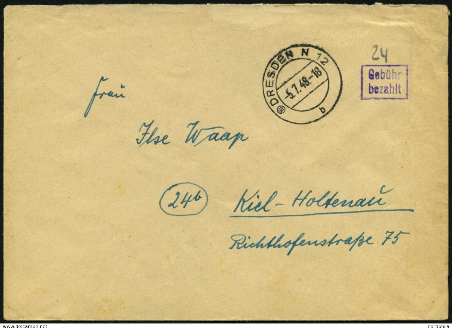 ALL. BES. GEBÜHR BEZAHLT DRESDEN N 12, Mit Nachträglich Eingesetzter Postleitzahl, 5.7.48, Kleiner Violetter R2 Gebühr B - Altri & Non Classificati