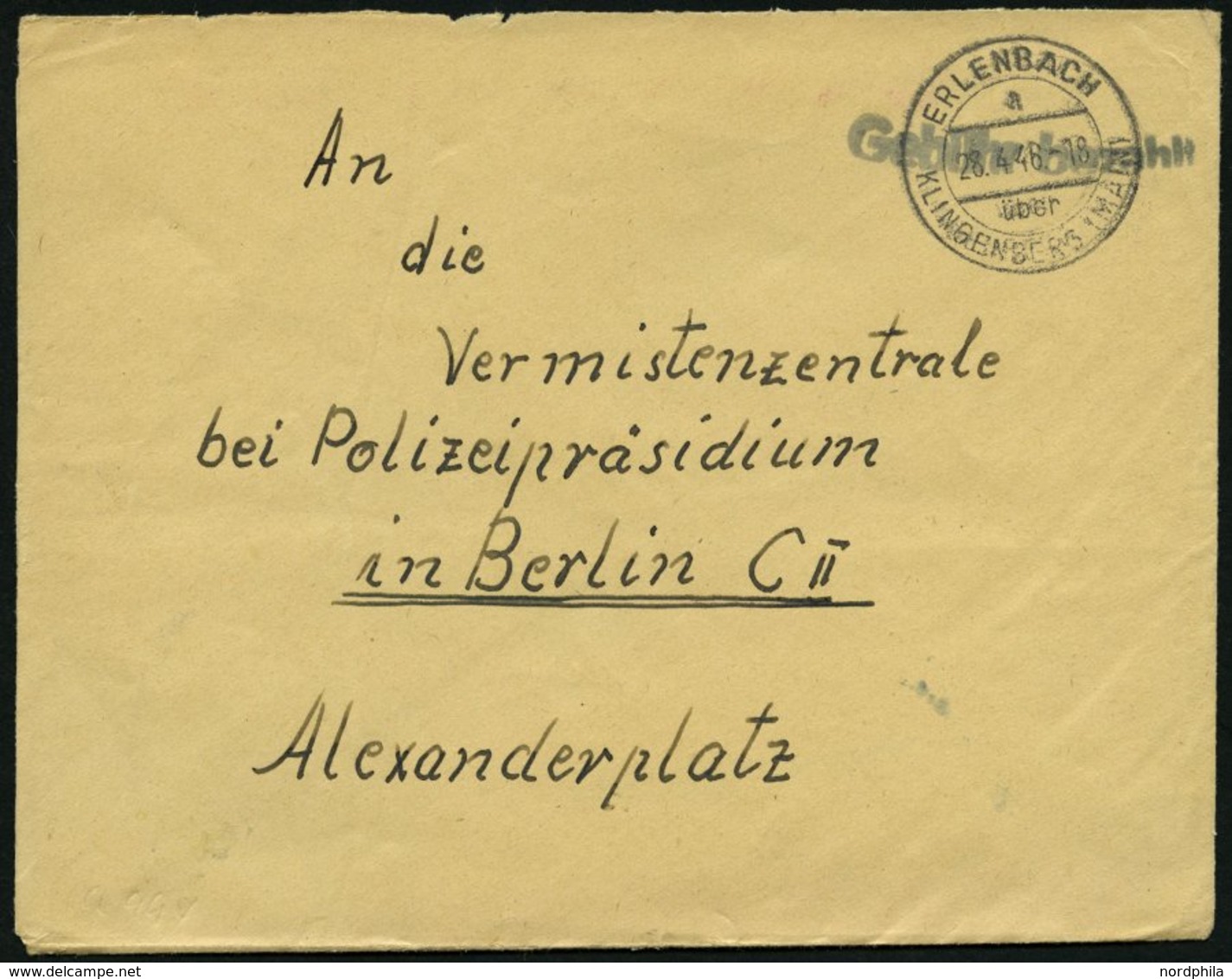 ALL. BES. GEBÜHR BEZAHLT ERLENBACH KLINGENBERG (MARK), L1 Gebühr Bezahlt, Brief Nach Berlin, Feinst - Autres & Non Classés