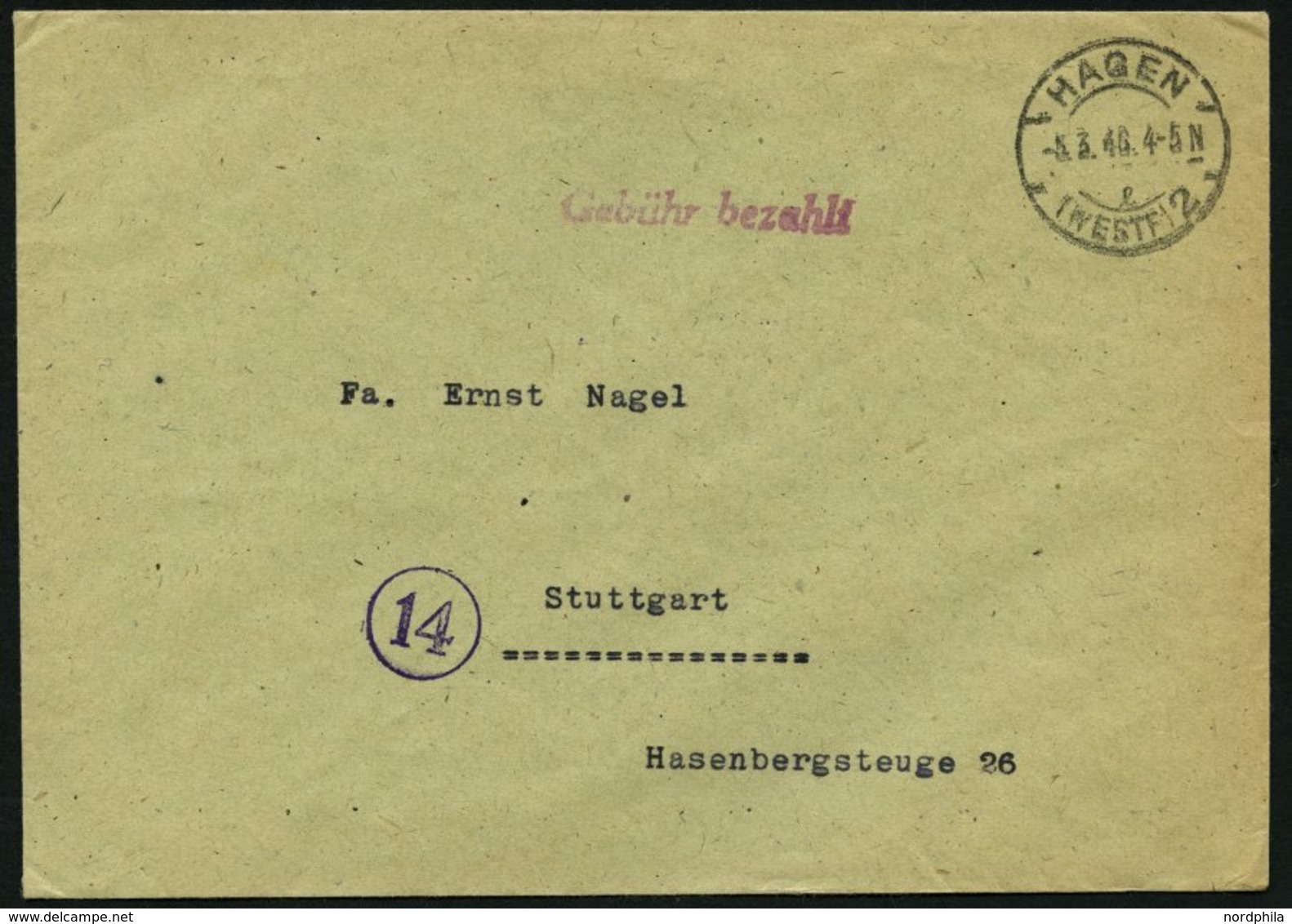 ALL. BES. GEBÜHR BEZAHLT HAGEN, 5.3.46, Roter L1 Gebühr Bezahlt, Prachtbrief - Altri & Non Classificati