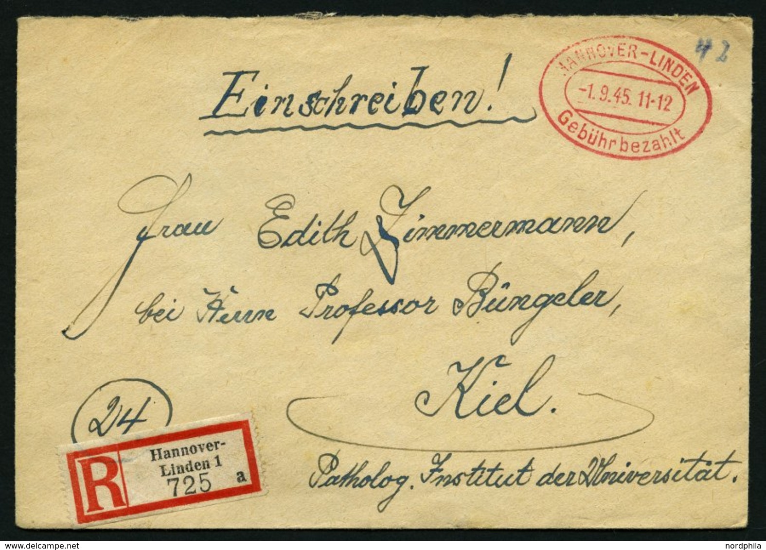 ALL. BES. GEBÜHR BEZAHLT HANNOVER-LINDEN Gebühr Bezahlt, 1.9.45, Roter Ellipsenstempel, Handschriftlich 42, Auf Einschre - Other & Unclassified