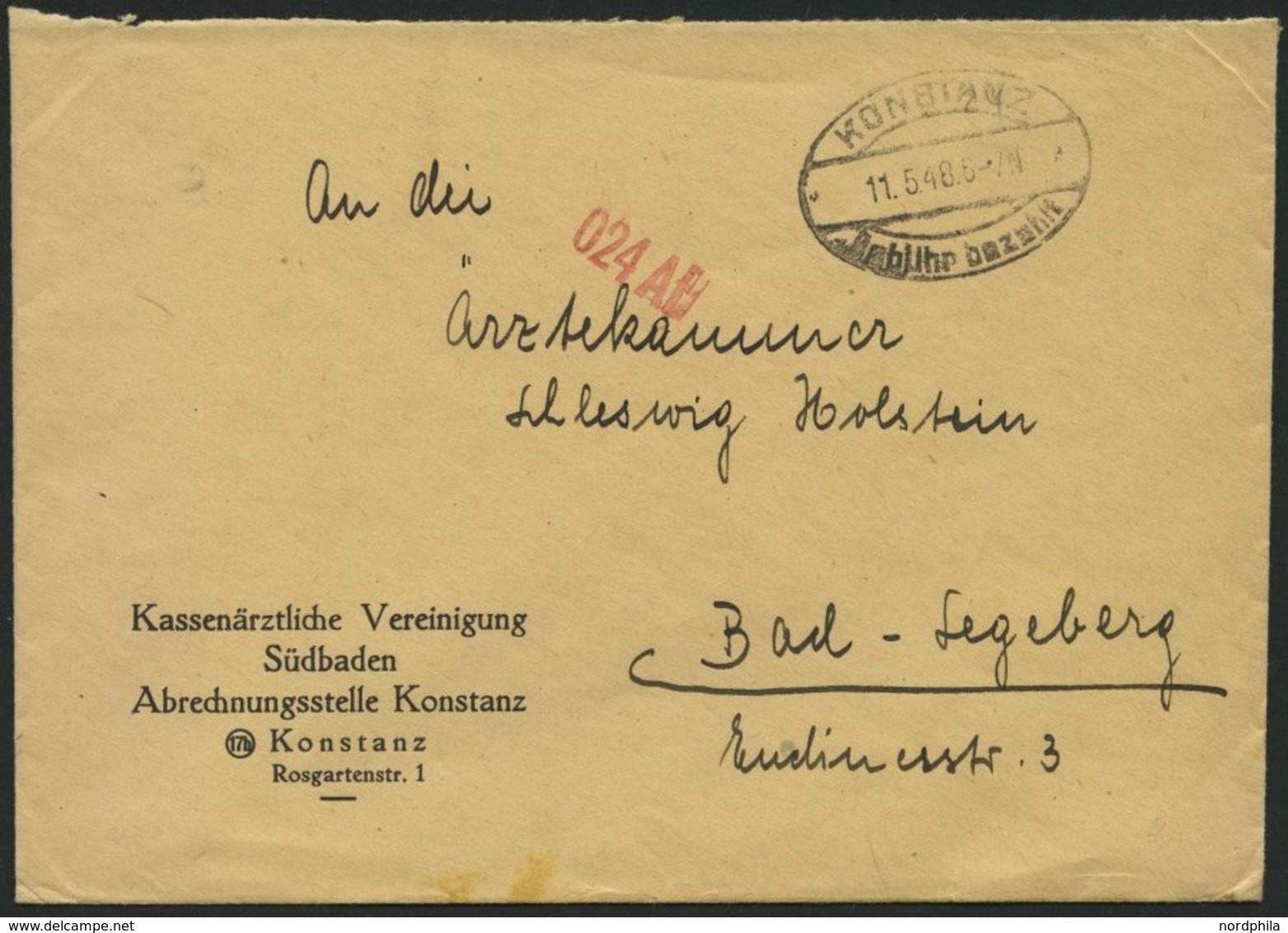 ALL. BES. GEBÜHR BEZAHLT KONSTANZ Gebühr Bezahlt, 11.5.48, Ellipsenstempel, Roter L1 024Ab Prachtbrief - Altri & Non Classificati