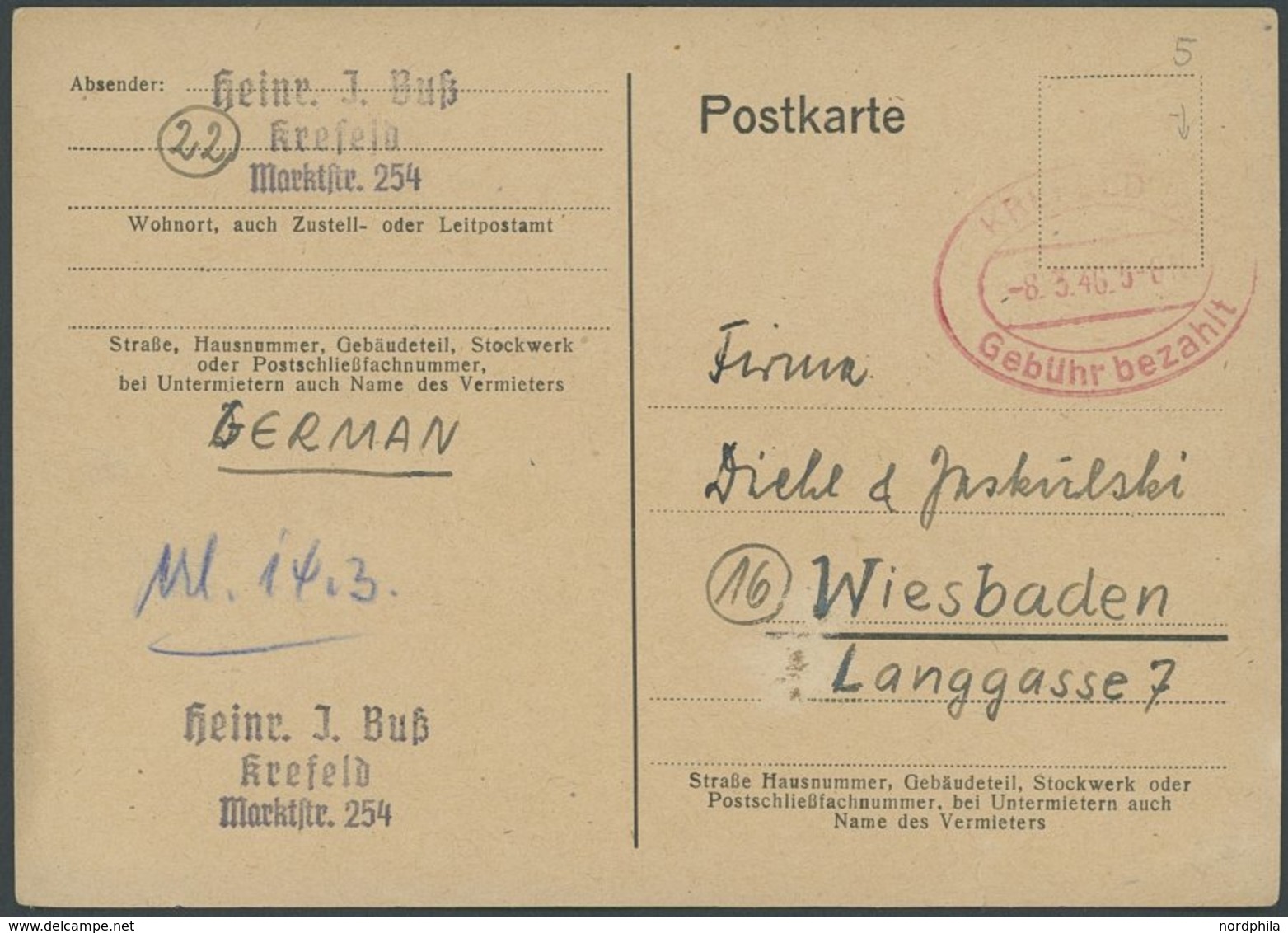 ALL. BES. GEBÜHR BEZAHLT KREFELD Gebühr Bezahlt, 6.3.46, Roter Ovalstempel Auf Ganzsachenkarte - Other & Unclassified