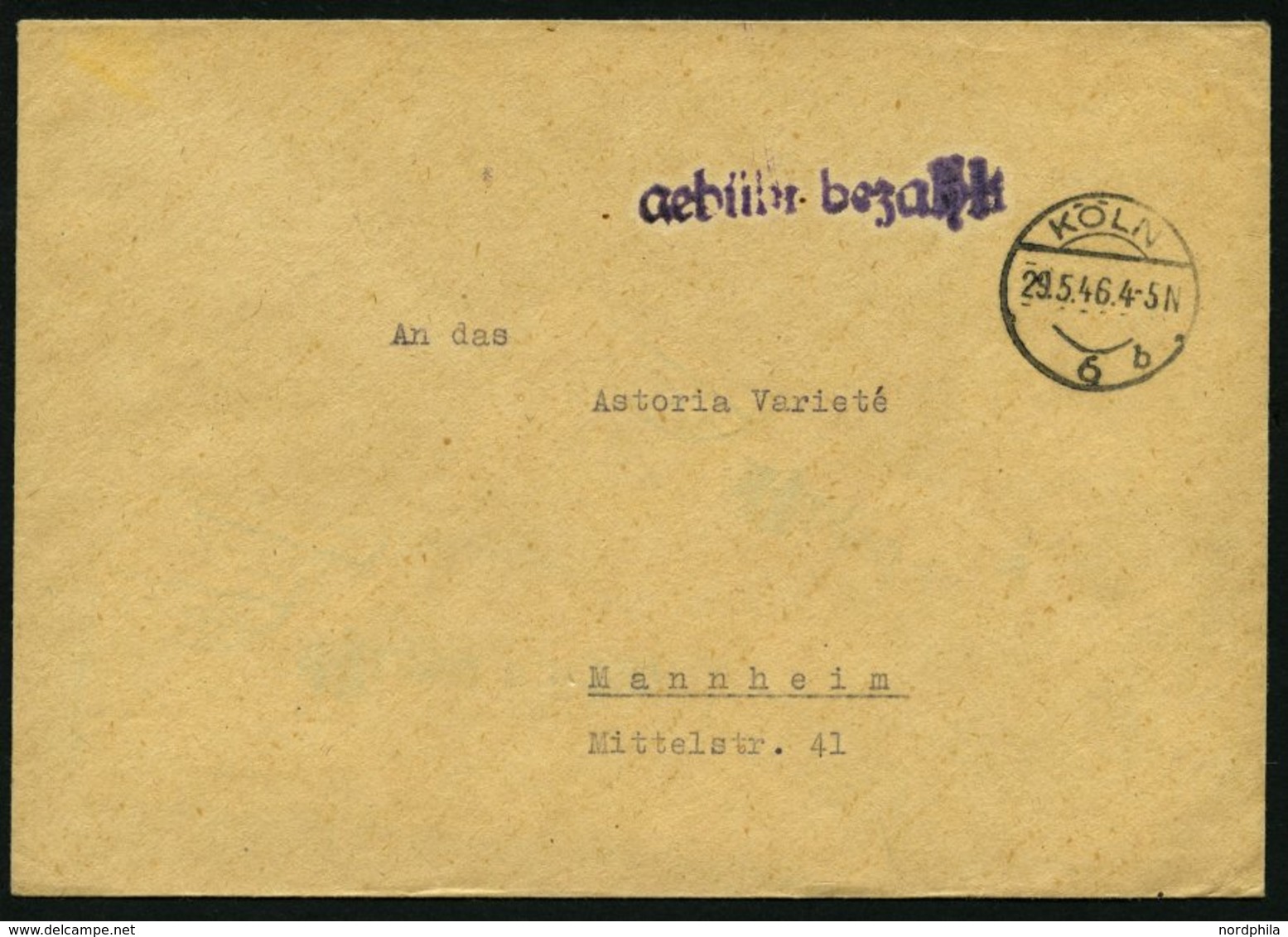 ALL. BES. GEBÜHR BEZAHLT KÖLN, 29.5.46, Violetter L1 Gebühr Bezahlt, Prachtbrief - Other & Unclassified