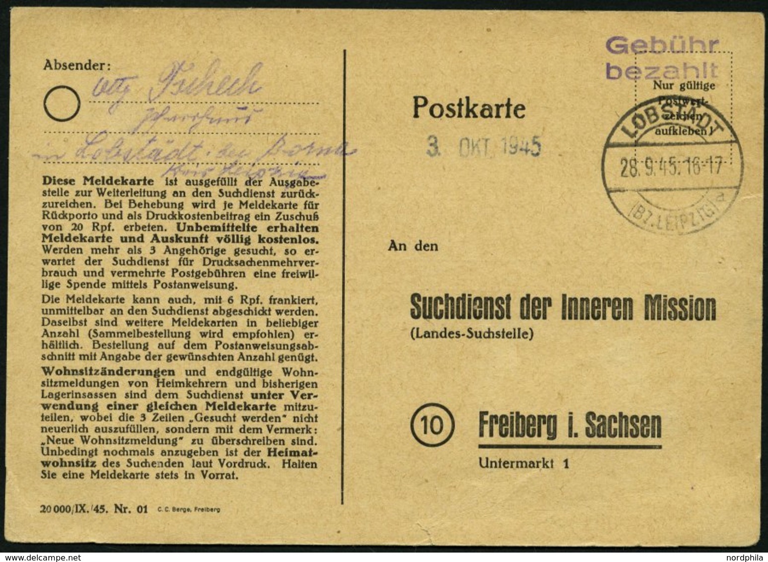 ALL. BES. GEBÜHR BEZAHLT LOBSTÄDT (BZ.LEIPZIG), 28.9.45, Violetter L2 Gebühr Bezahlt Und Datumsstempel Auf Suchdienstkar - Altri & Non Classificati