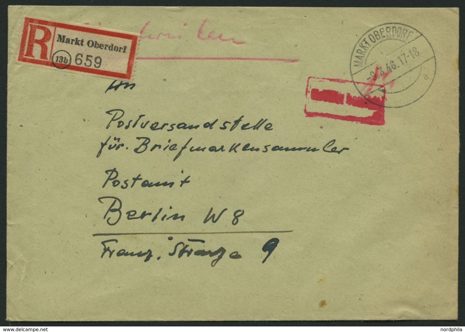 ALL. BES. GEBÜHR BEZAHLT MARKTOBERDORF, 9.3.46, Roter R1 Gebühr Bezahlt, Einschreibbrief Feinst - Autres & Non Classés