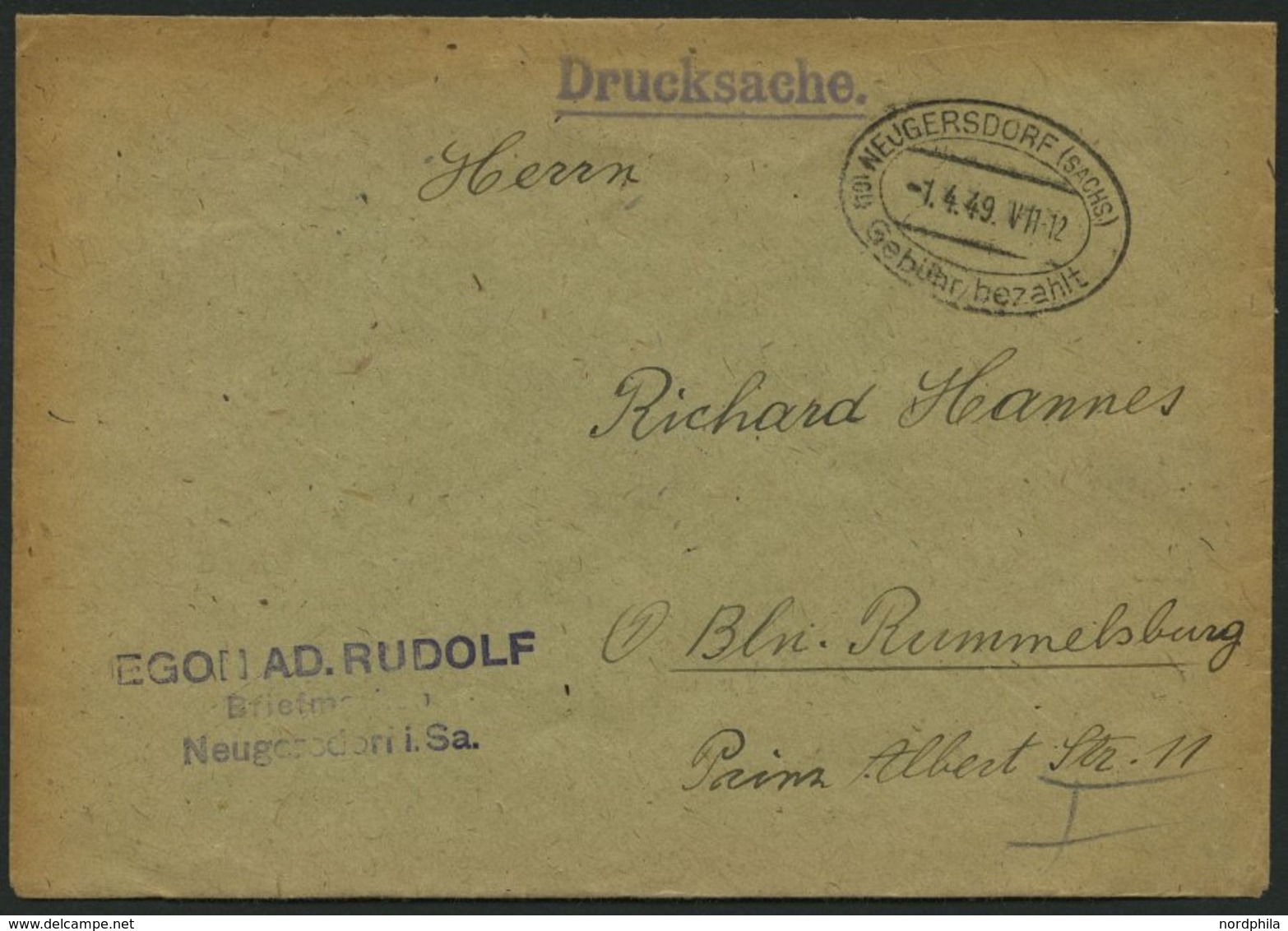 ALL. BES. GEBÜHR BEZAHLT NEUGERSDORF (SACHS) Gebühr Bezahlt, 1.4.49, Ellipsenstempel, Brief Feinst - Autres & Non Classés