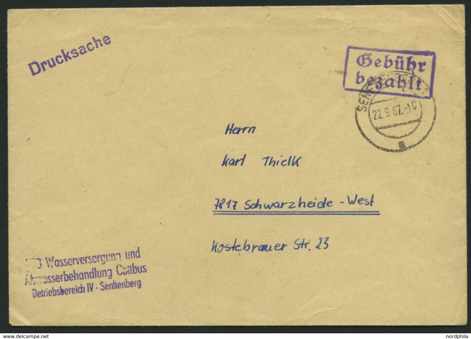 ALL. BES. GEBÜHR BEZAHLT SENFTENBERG, 22.9.47, Violetter R2 Gebühr Bezahlt, Drucksachenbrief, Pracht - Autres & Non Classés