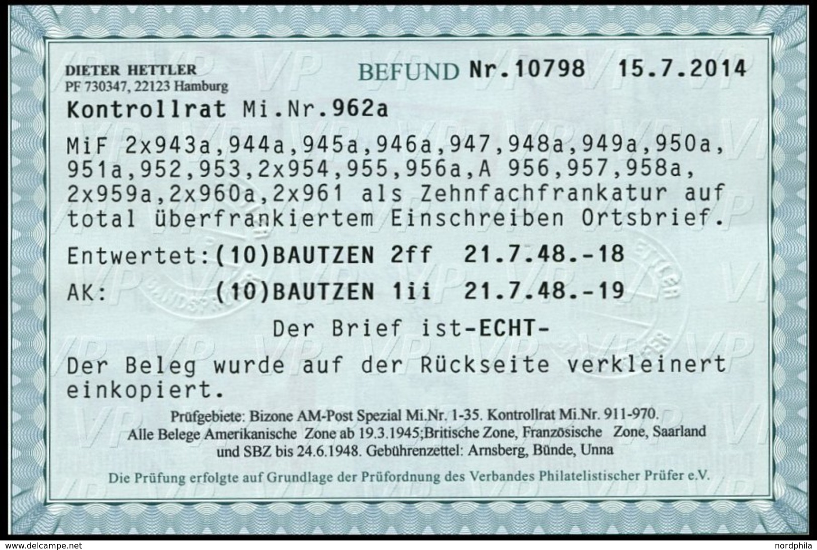 ALLIIERTE BES. 962a BRIEF, 21.7.1948, 5 M. Dunkellilaultramarin Mit Zusatzfrankatur Als Zehnfachfrankatur Auf überfranki - Altri & Non Classificati