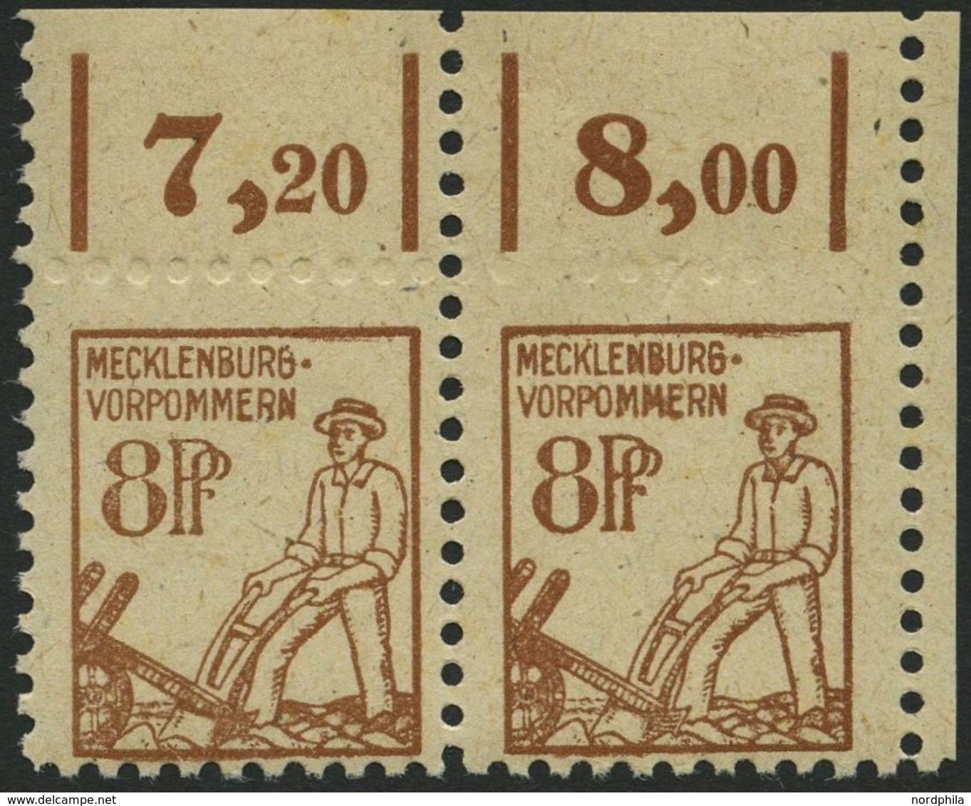 MECKLENBURG-VORPOMMERN 15a Paar **, 1945, 8 Pf. Mittelsiena Im Waagerechten Paar Aus Der Rechten Oberen Bogenecke, Oberr - Other & Unclassified