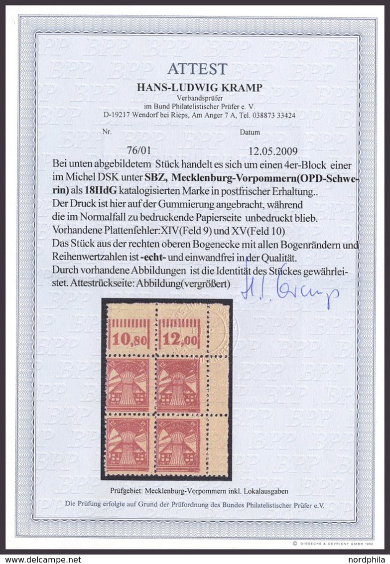 MECKLENBURG-VORPOMMERN 18dG VB **, 1945, 12 Pf. Bräunlichrot, Druck Auf Gummiseite, Im Oberen Rechten Eckrandviererblock - Otros & Sin Clasificación