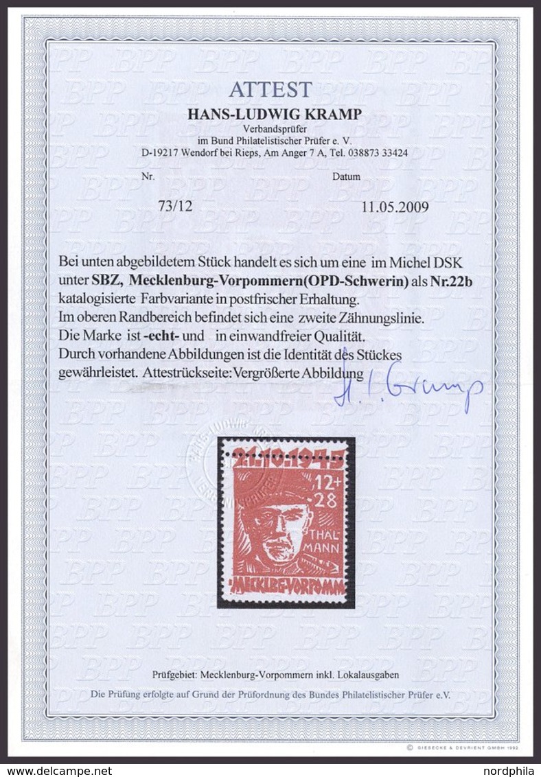 MECKLENBURG-VORPOMMERN 22b **, 1945, 12 Pf. Orangerot Faschismus, Oben Mit Doppelzähnung!, Pracht, R!, Fotoattest Kramp - Other & Unclassified