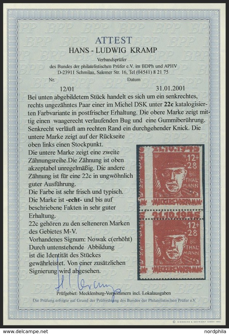 MECKLENBURG-VORPOMMERN 22cUr **, 1945, 12 Pf. Dunkelrot Faschismus, Rechts Ungezähnt, Feinst (leichte Bugspur Und Senkre - Autres & Non Classés