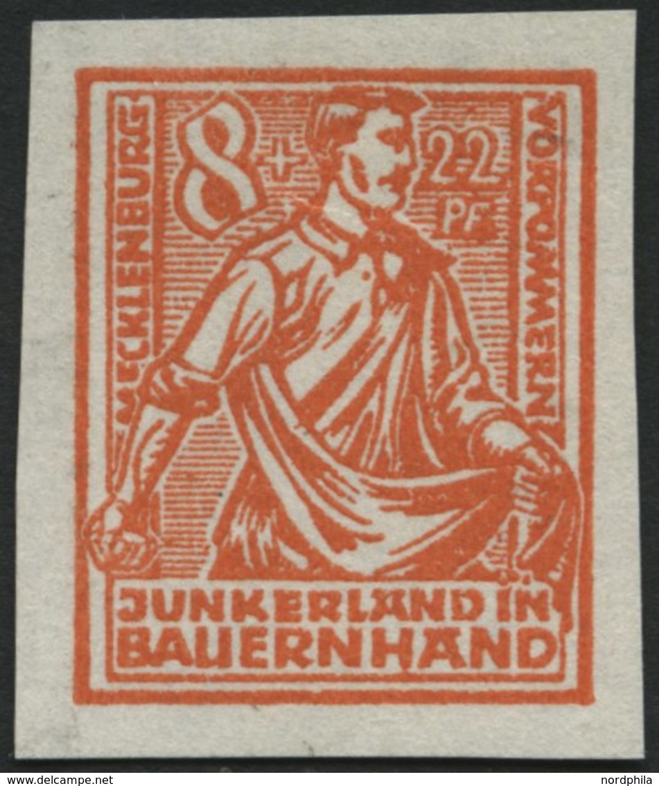 MECKLENBURG-VORPOMMERN 24PIIU (*), 1945, Probedruck: 8 Pf. Orange, Pergamentpapier, Ungezähnt, Pracht, Mi. 180.- - Autres & Non Classés