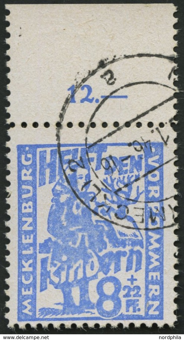 MECKLENBURG-VORPOMMERN 27a O, 1945, 8 Pf. Hellultramarin Kinderhilfe, Oberrandstück, Pracht, Gepr. Kramp - Other & Unclassified