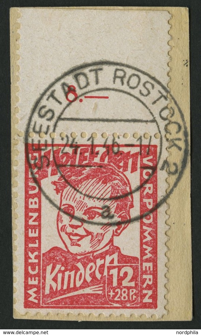 MECKLENBURG-VORPOMMERN 28a BrfStk, 1945, 12 Pf. Rosarot Kinderhilfe, Randstück, Prachtbriefstück, Gepr. Kramp, Mi. (60.- - Other & Unclassified