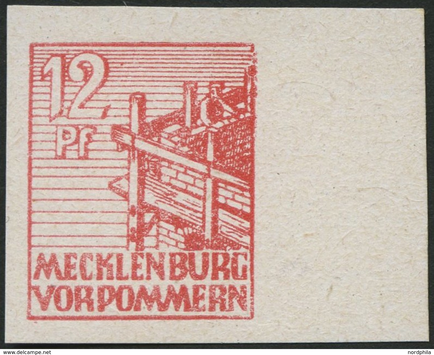 MECKLENBURG-VORPOMMERN 36xaU **, 1946, 12 Pf. Dunkelgraurot, Kreidepapier, Ungezähnt, Rechtes Randstück, Pracht, Mi. (60 - Autres & Non Classés