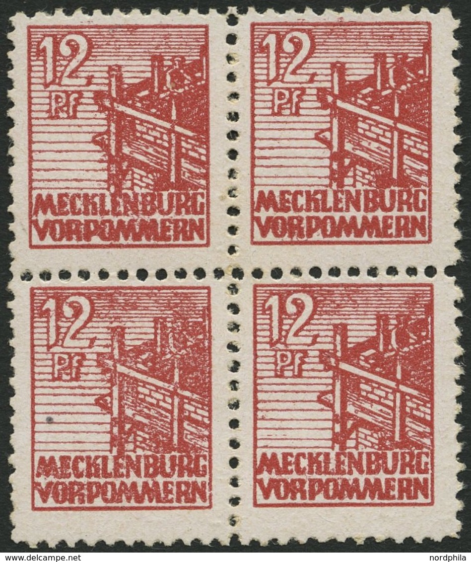 MECKLENBURG-VORPOMMERN 36xc VB **, 1946, 12 Pf. Lebhaftbraunrot, Kreidepapier, Im Viererblock, Linke Obere Marke Geringe - Other & Unclassified