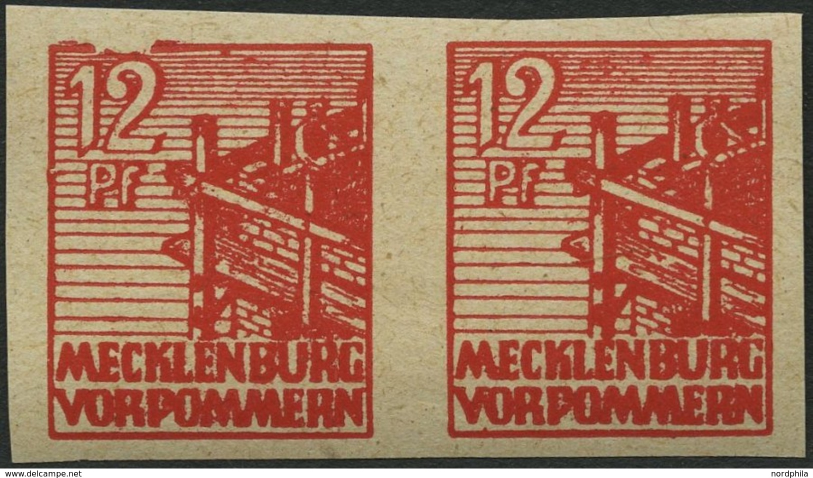 MECKLENBURG-VORPOMMERN 36ybU Paar **, 1946, 12 Pf. Rot, Graues Papier, Ungezähnt, Im Waagerechten Paar, Linke Marke Mit  - Other & Unclassified