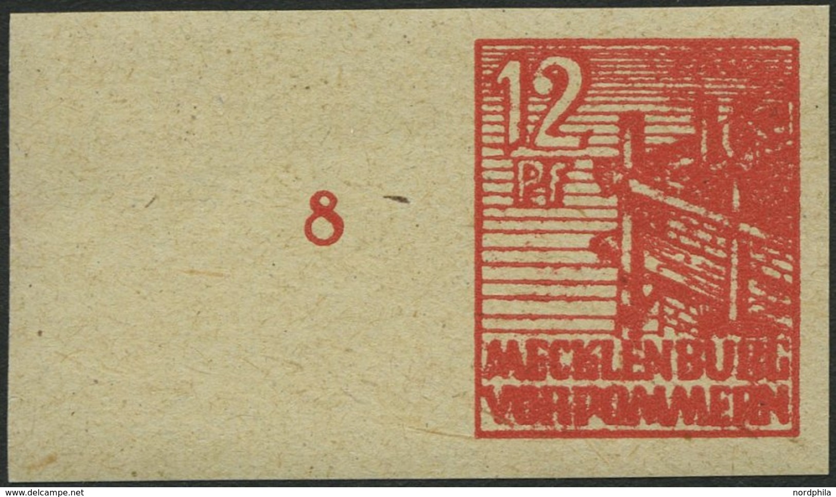 MECKLENBURG-VORPOMMERN 36yeU **, 1946, 12 Pf. Orangerot, Graues Papier, Ungezähnt, Linkes Randstück, Pracht, Gepr. Kramp - Other & Unclassified