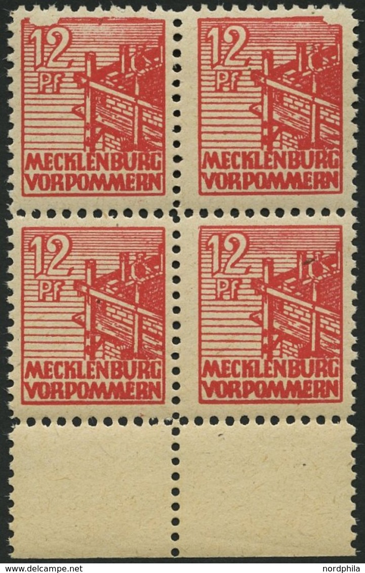 MECKLENBURG-VORPOMMERN 36zz VB **, 1946, 12 Pf. Rot, Dünnes Papier, Diagonal Genetzte Gummierung, Im Viererblock Vom Unt - Autres & Non Classés