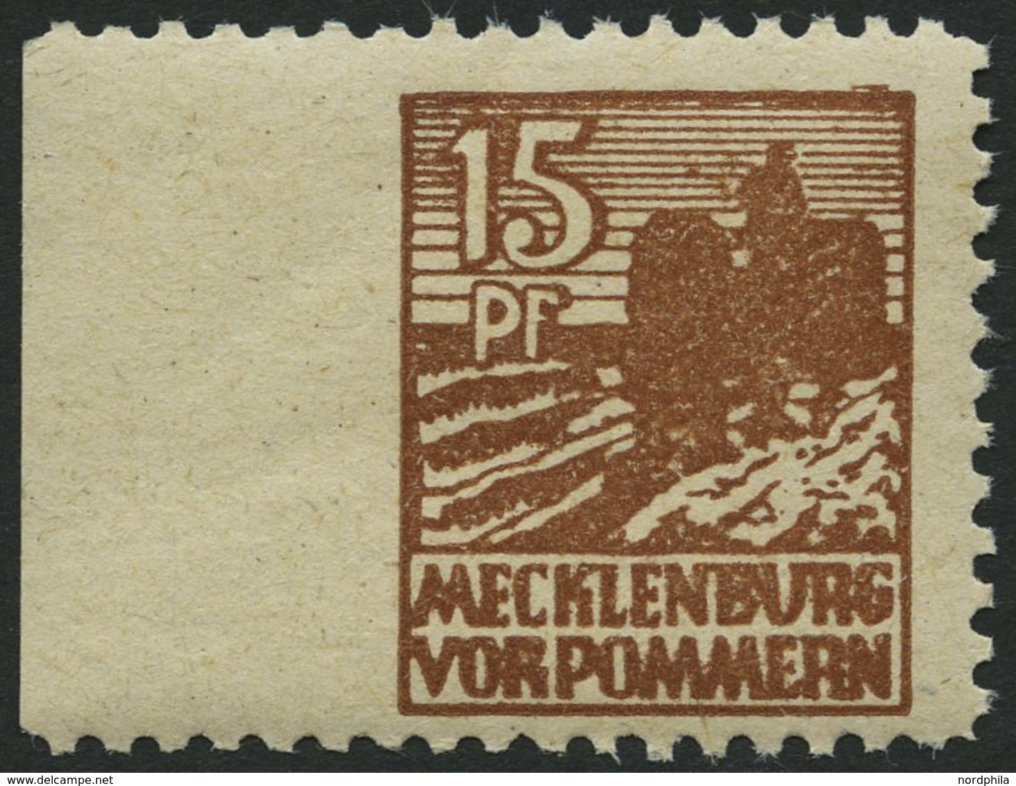 MECKLENBURG-VORPOMMERN 37yaUl **, 1946, 15 Pf. Gelbbraun, Graues Papier, Links Ungezähnt, Pracht, Mi. 140.- - Other & Unclassified