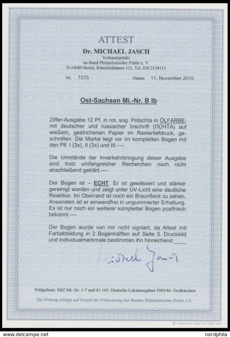 OST-SACHSEN BIb (*), 1945, 12 Pf. Rot POTSCHTA Im Kompletten Bogen (100), Dabei Die Plattenfehler PFI (3x), PFII (3x) Un - Autres & Non Classés