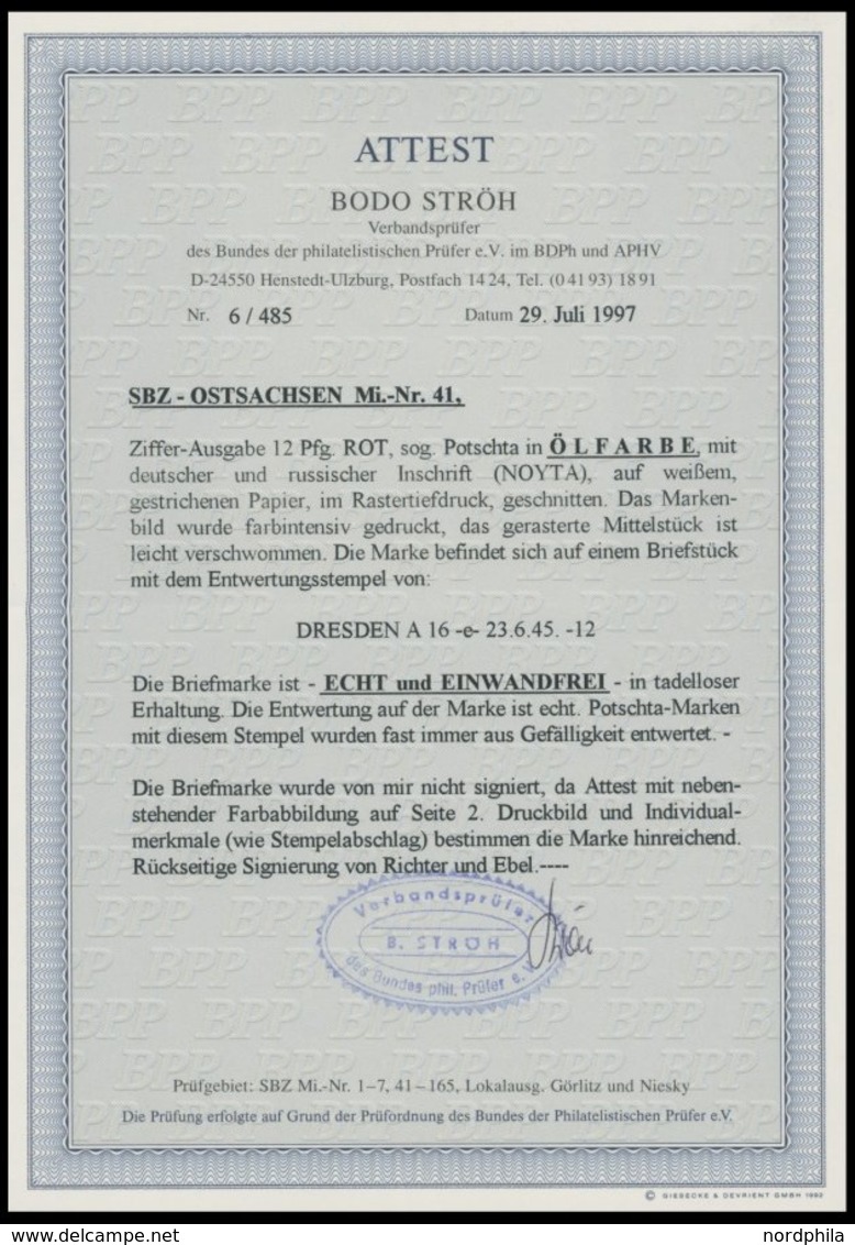 OST-SACHSEN BIb BrfStk, 1945, 12 Pf. Rot POTSCHTA, Gefälligkeitsabstempelung, Prachtbriefstück, Fotoattest Ströh, Mi. 80 - Altri & Non Classificati