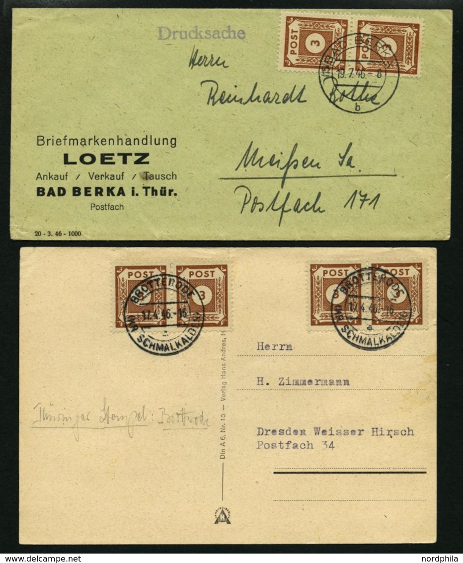 OST-SACHSEN 56 BRIEF, 1946, 3 Pf. Braun Im Paar Auf Drucksache Und 4x Auf Fernpostkarte, 2 Belege Mit Stempeln Aus THÜRI - Altri & Non Classificati