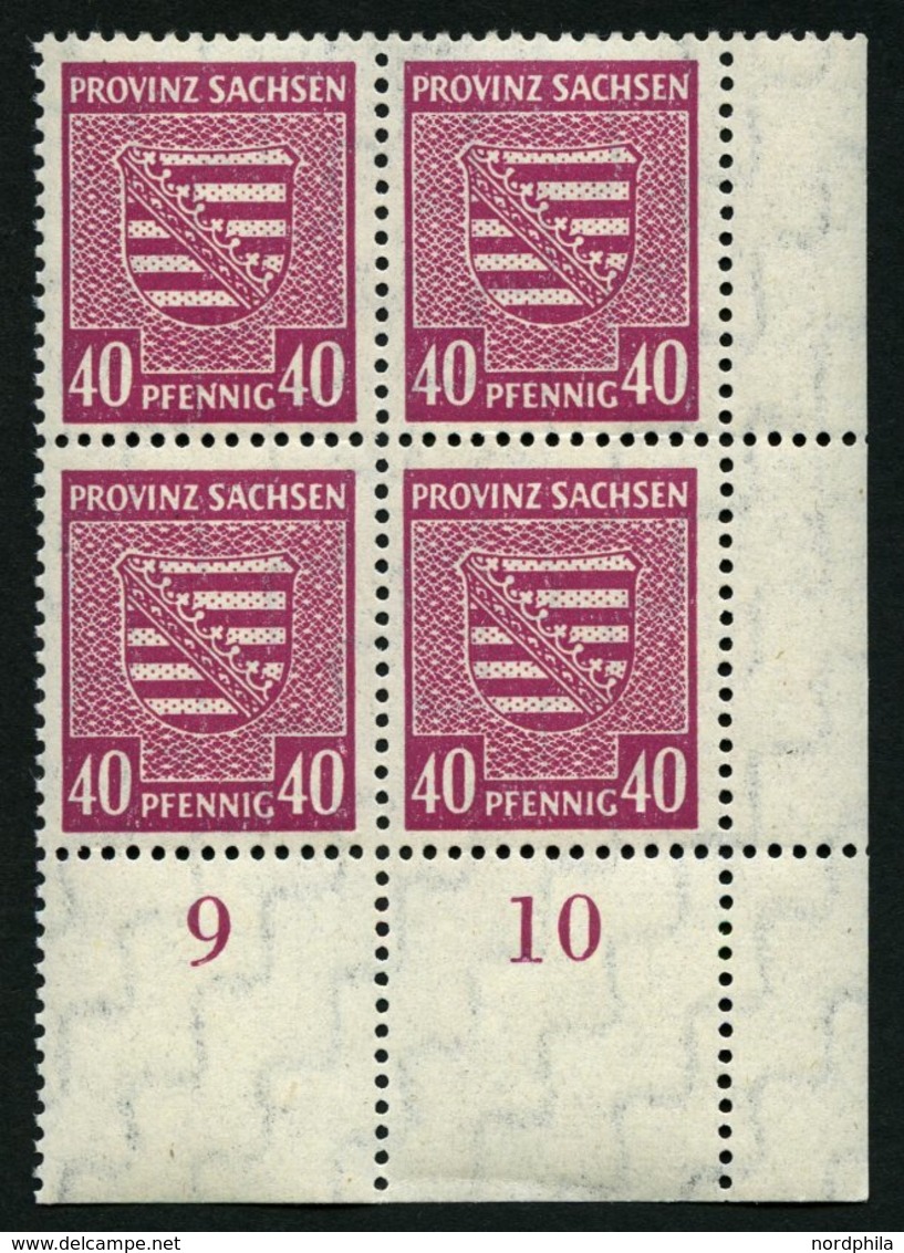 PROVINZ SACHSEN 84Xa VB **, 1945, 40 Pf. Dunkellilarosa, Wz. 1X, Im Unteren Rechten Eckrandviererblock, Dabei Plattenfeh - Autres & Non Classés