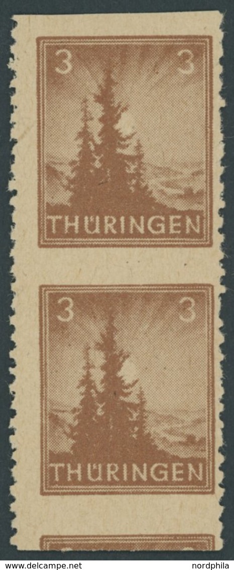 THÜRINGEN 92AXavUw **, 1945, 3 Pf. Orangebraun, Waagerecht Ungezähnt Im Senkrechten Paar, Obere Marke Falzrest, Untere P - Altri & Non Classificati