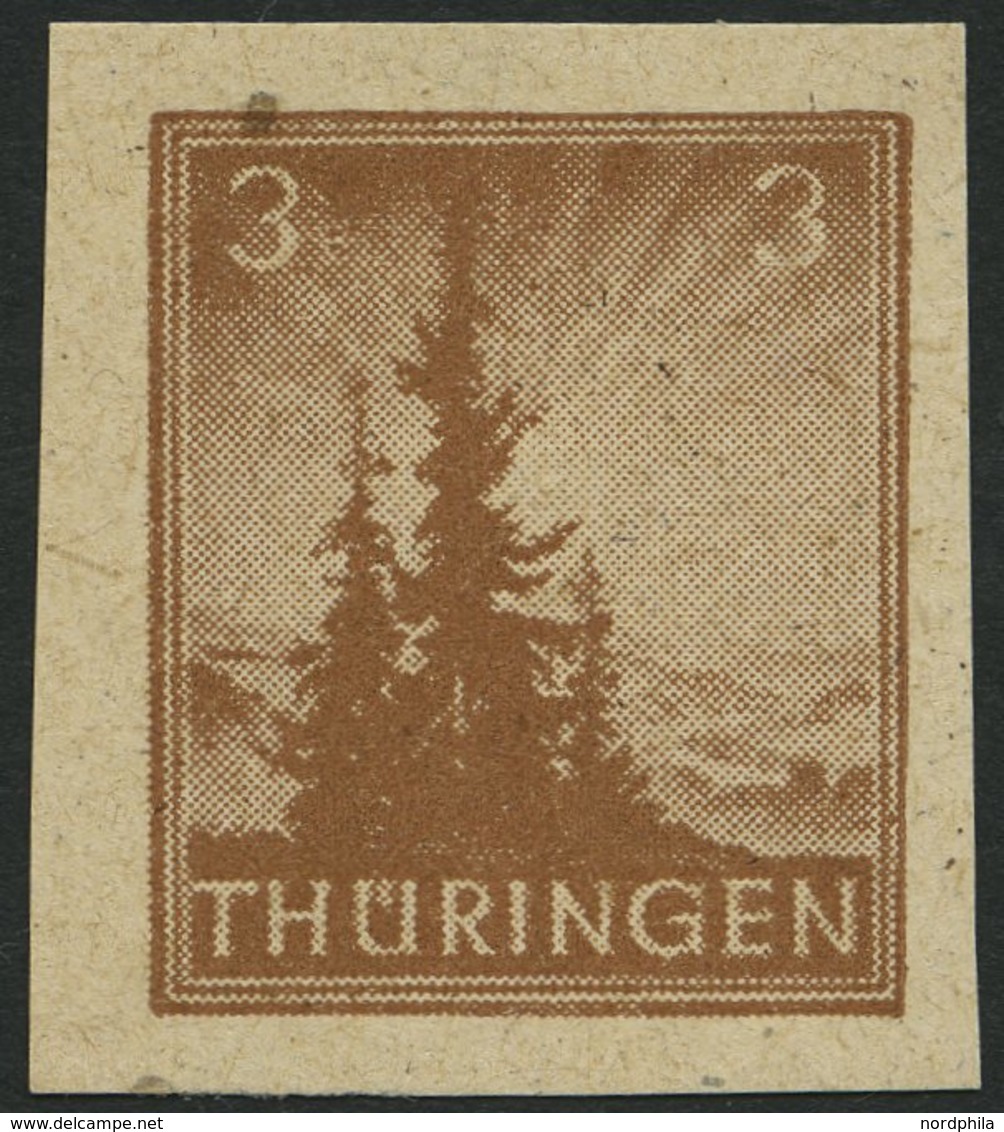 THÜRINGEN 92AYz1U **, 1945, 3 Pf. Orangebraun, Spargummierung, Dickes Papier, Steigende Papierstreifung, Ungezähnt, Prac - Sonstige & Ohne Zuordnung