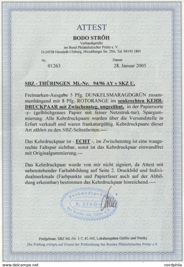 THÜRINGEN 94/6SKZU **, 1945, 5 Pf. Gelblichgrün Und 8 Pf. Rotorange Im Senkrechten Kehrdruckpaar Mit Zwischensteg, Ungez - Other & Unclassified