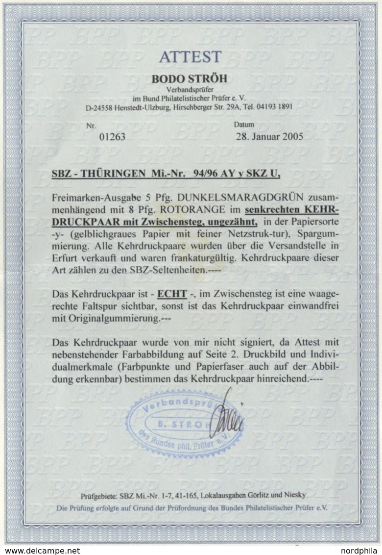 THÜRINGEN 94/6SKZU **, 1945, 5 Pf. Gelblichgrün Und 8 Pf. Rotorange Im Senkrechten Kehrdruckpaar Mit Zwischensteg, Ungez - Altri & Non Classificati