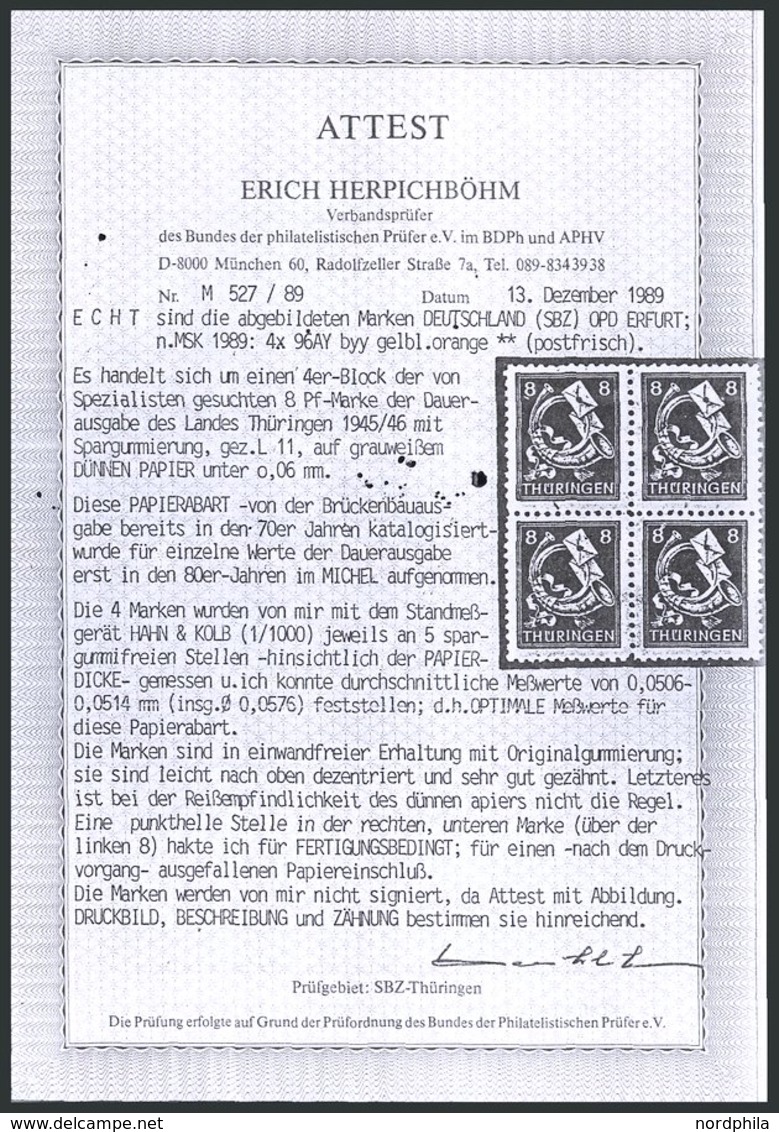 THÜRINGEN 96AYyy **, 1945, 8 Pf. Rotorange, Spargummierung, Dünnes Papier, Pracht, Attestkopie Herpichböhm, Mi. 100.- - Autres & Non Classés