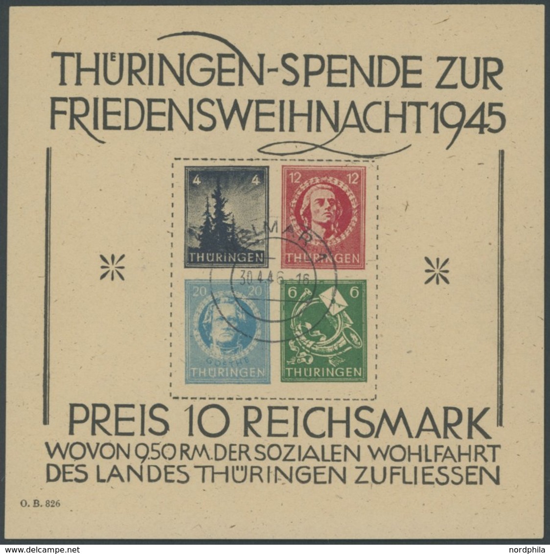 THÜRINGEN Bl. 2t O, 1945, Block Weihnachten, Gelblichgraues Papier, Type III, Mit Dubiosem Stempel WEIMAR 1, Pracht, Ohn - Sonstige & Ohne Zuordnung