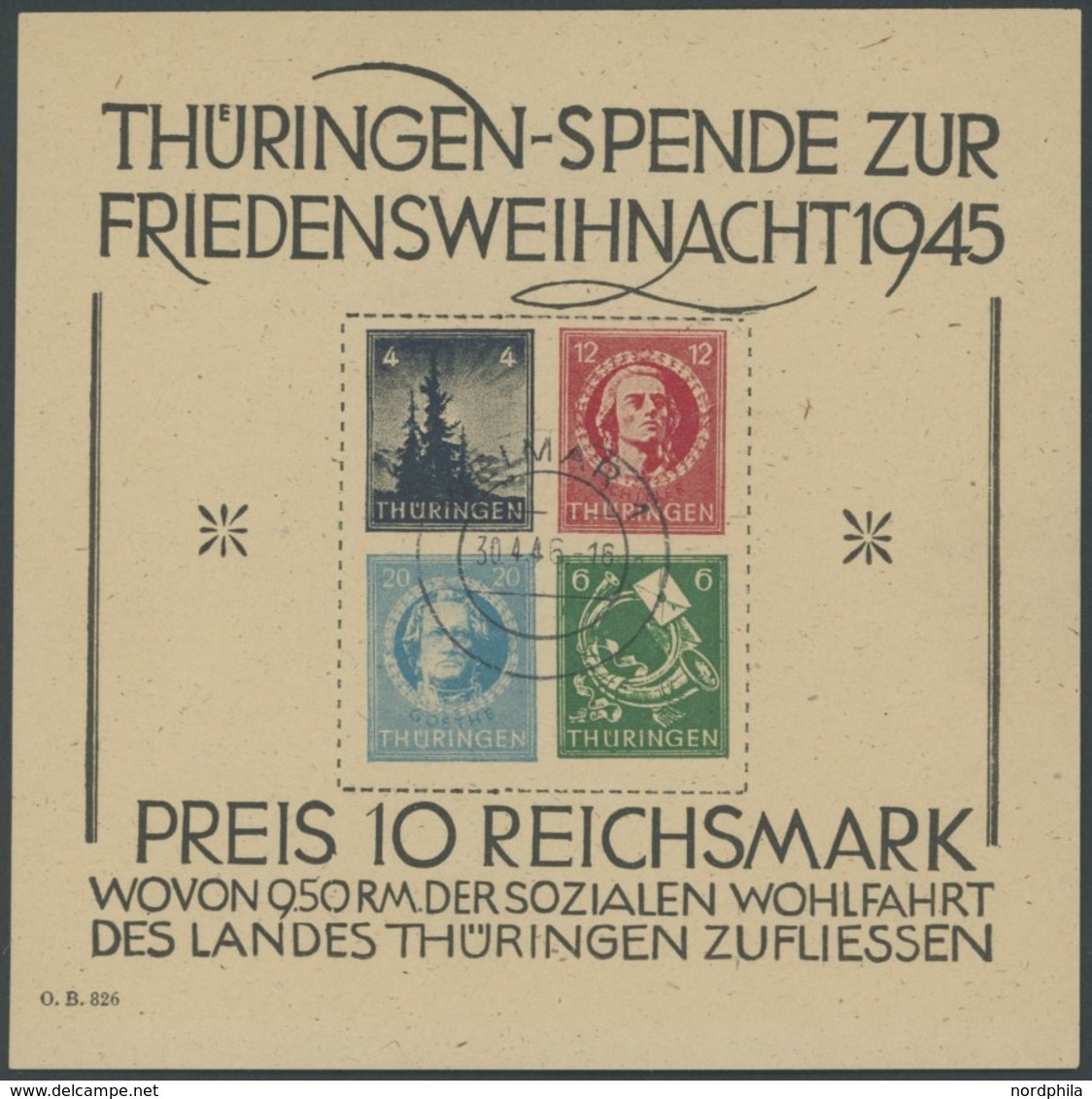 THÜRINGEN Bl. 2t O, 1945, Block Weihnachten, Gelblichgraues Papier, Type III, Mit Dubiosem Stempel WEIMAR 1, Pracht, Ohn - Other & Unclassified