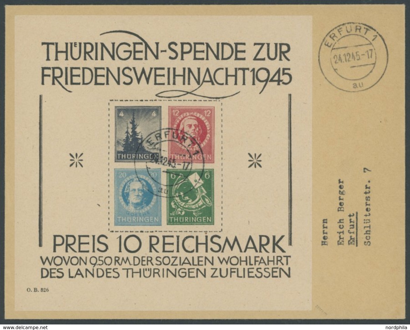 THÜRINGEN Bl. 2t BrfStk, 1945, Block Weihnachten, Gelblichgraues Papier, Type III, Mit Stempel ERFURT 1au Auf Umschlag,  - Altri & Non Classificati