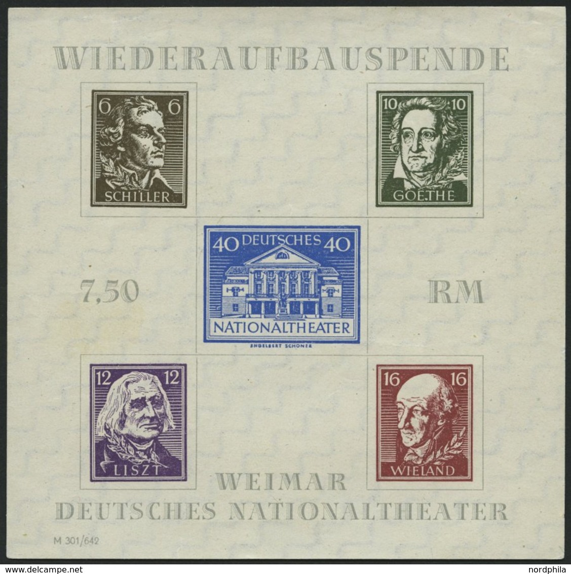 THÜRINGEN Bl. 3APFIV (*), 1946, Block Nationaltheater, Ungezähnt, Mit Plattenfehler Punkt Hinten Am Kinn Von Schiller, P - Sonstige & Ohne Zuordnung