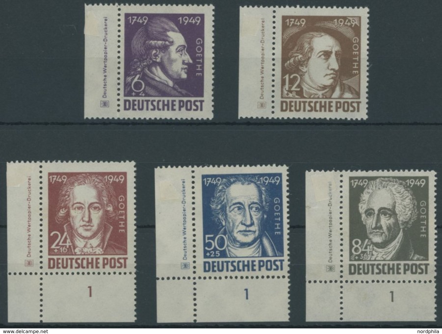 ALLGEMEINE-AUSGABEN 234-38DV **, 1949, Goethe, Vorderseitige Falzreste Im Rand, Marken Postfrisch, Prachtsatz, Mi. 130.- - Other & Unclassified