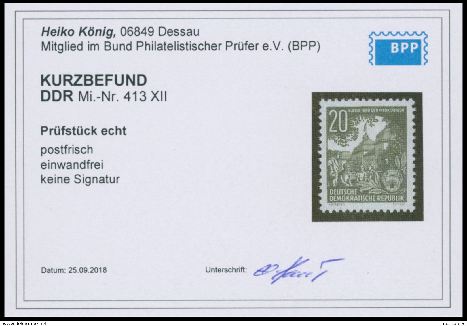 DDR 413XII **, 1954, 20 Pf. Schwärzlichgrünoliv, Wz. 2XII, Postfrisch, Pracht, Kurzbefund König, Mi. 130.- - Other & Unclassified