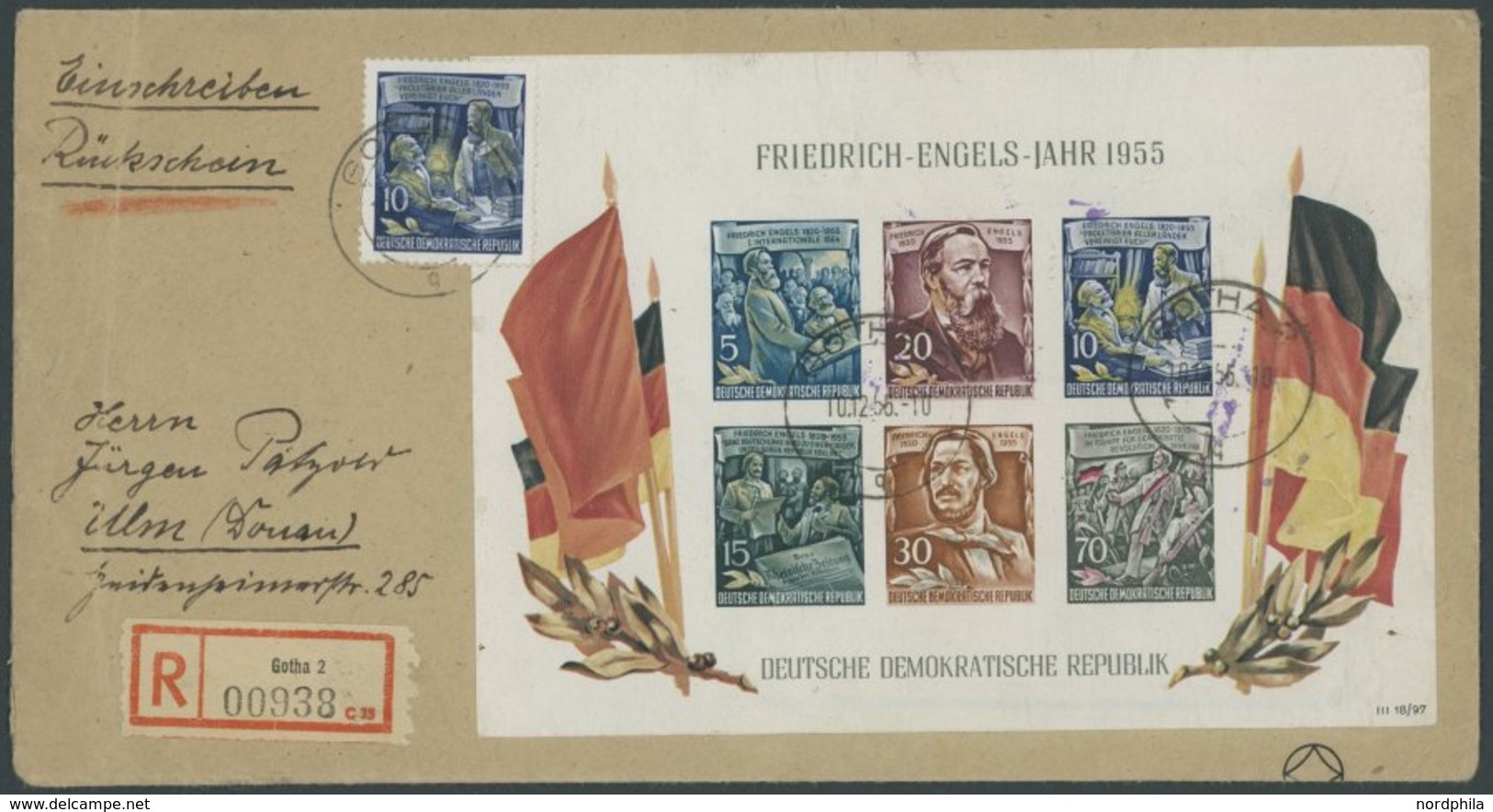 DDR Bl. 13 BRIEF, 1955, Block Engels Auf Bedarfs-FDC, Einschreiben Rückschein Aus GOTHA, Gebrauchsspuren, Feinst, Mi. 30 - Autres & Non Classés