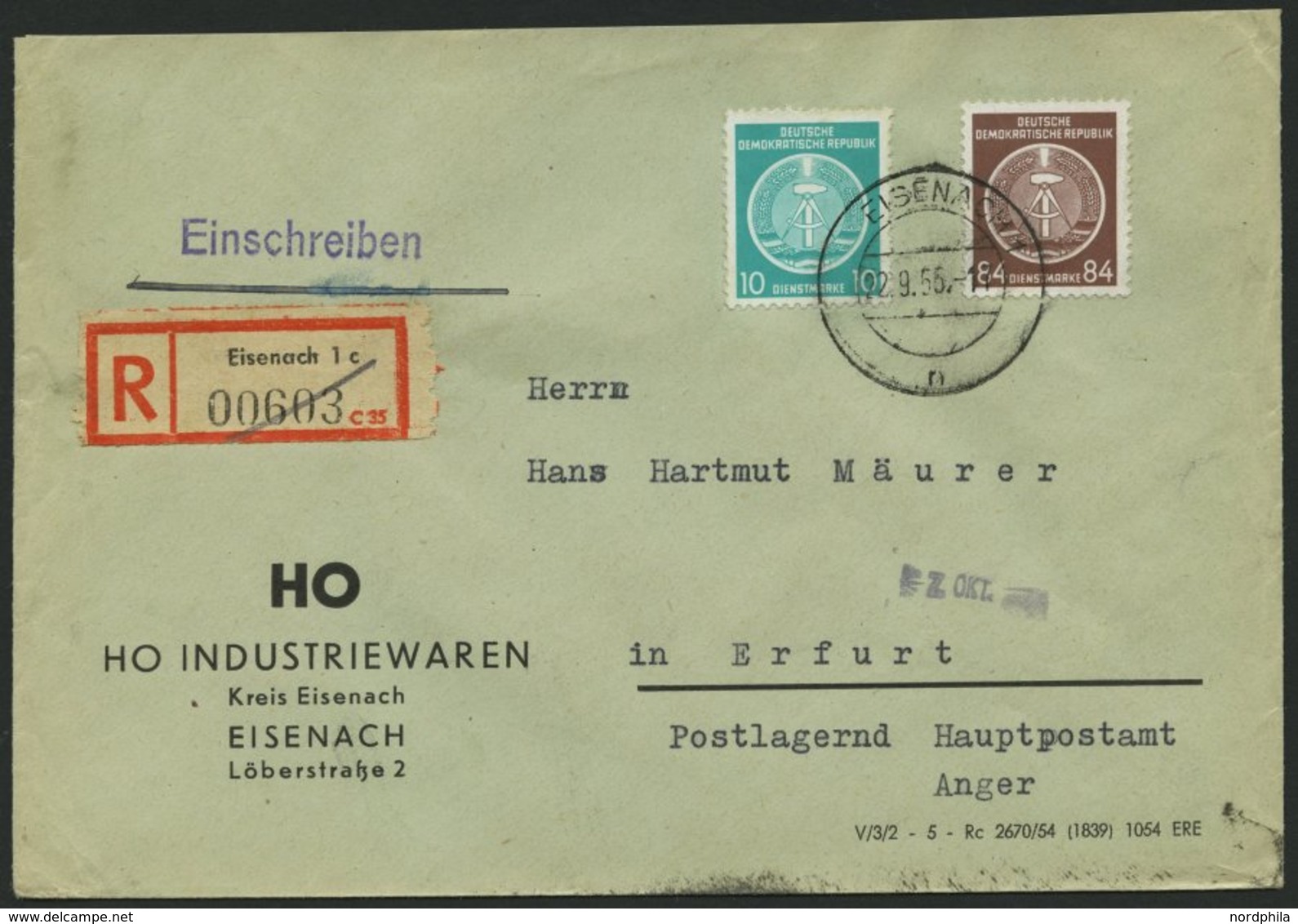 DIENSTMARKEN A D 4,17 BRIEF, 1955, 84 Pf. Lebhaftrötlichbraun Mit 10 Pf. Zusatzfrankatur Auf Einschreibbrief, Pracht - Otros & Sin Clasificación