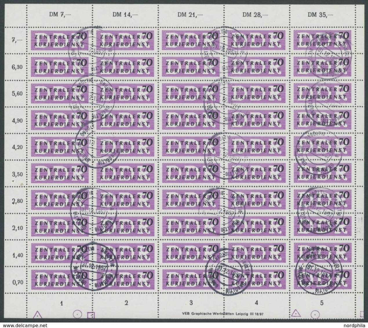 DIENSTMARKEN B D 9 O, 1956, 70 Pf. Mitttelviolettpurpur/schwarz Im Bogen (50) Mit Ungültig-Stempeln, Feld 39 Mit Abart,  - Altri & Non Classificati