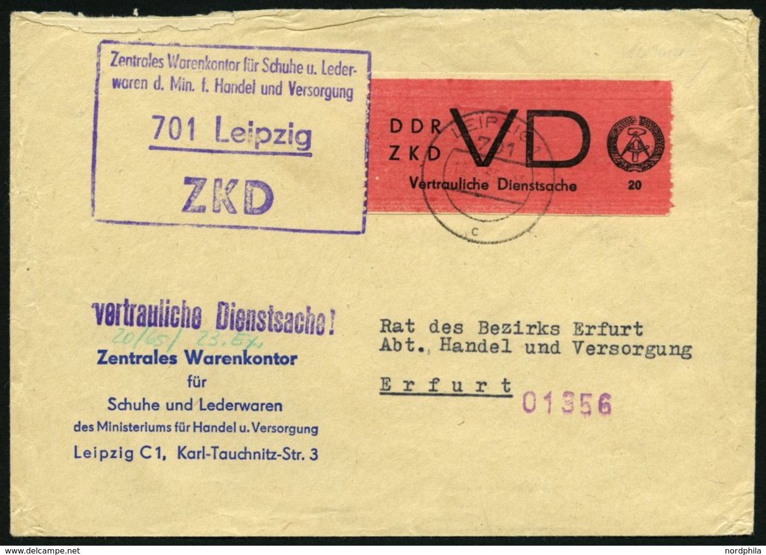 DIENSTMARKEN D VD 1A BRIEF, 1965, 20 Pf. Bräunlichrot/schwarz, Gezähnt 91/2, Auf Brief Aus LEIPZIG C1, Normale Zähnung,  - Autres & Non Classés