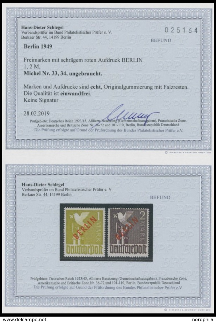 BERLIN 33/4 *, 1949, 1 Und 2 M. Rotaufdruck, Falzrest, 2 Prachtwerte, Fotobefund H.D. Schlegel, Mi. 320.- - Other & Unclassified