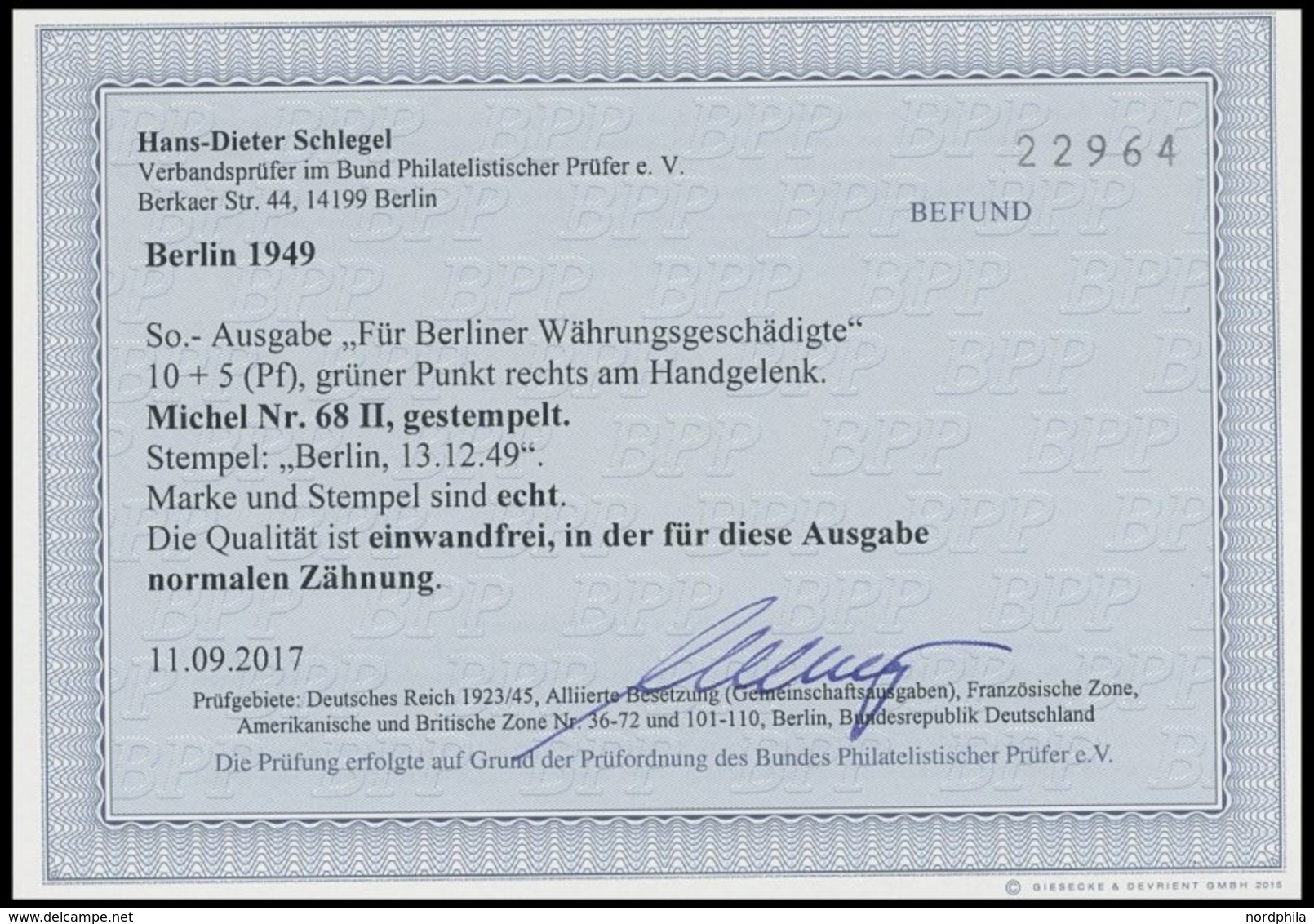 BERLIN 68II O, 1949, 10 Pf. Währungsgeschädigte Mit Abart Grüner Punkt Rechts Am Handgelenk, Normale Zähnung, Pracht, Fo - Otros & Sin Clasificación