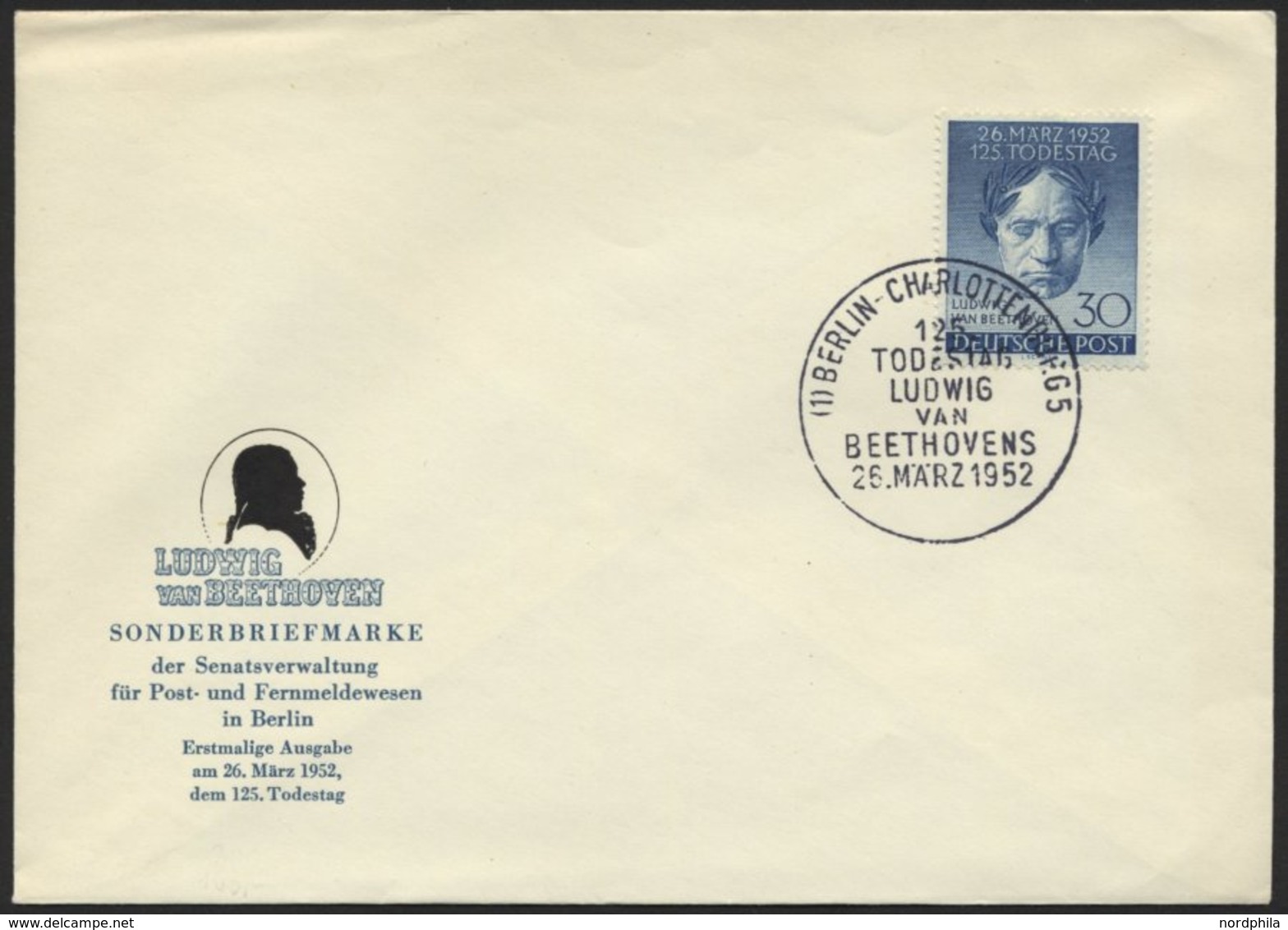 BERLIN 87 BRIEF, 1952, 30 Pf. Beethoven Auf Amtlichem FDC, Pracht, Mi. 120.- - Other & Unclassified