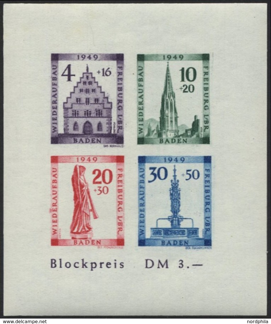 BADEN Bl. 1BV **, 1949, Block Freiburg, Ungezähnt, Mit Abart 20 Pf. Mit Balken über Zweitem E In Wiederaufbau, Gummi Im  - Sonstige & Ohne Zuordnung