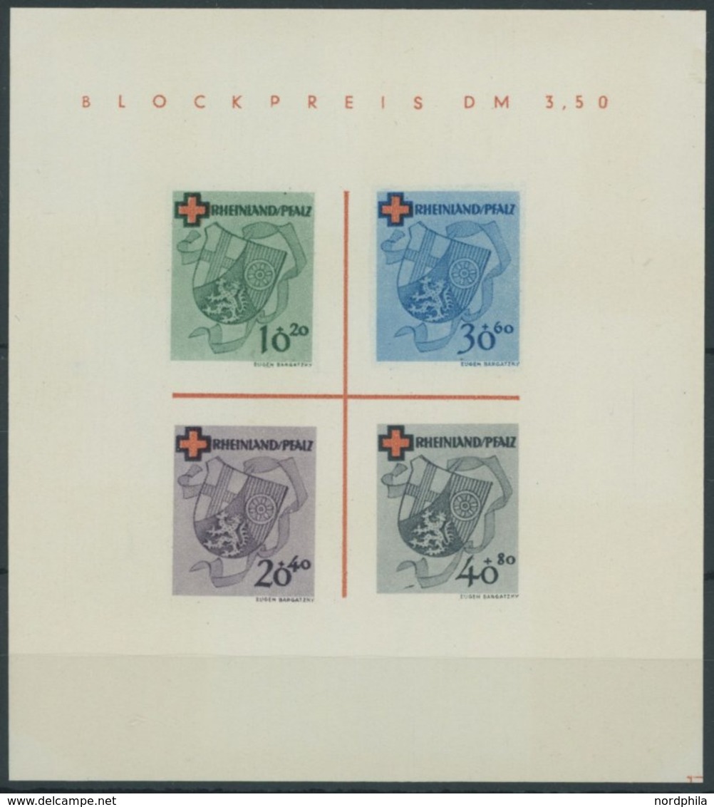 RHEINLAND PFALZ Bl. 1II/IV (*), 1949, Block Rotes Kreuz, Type IV: Fuß Im P In BLOCKPREIS Verkürzt, Pracht, Mi. 110.- - Autres & Non Classés